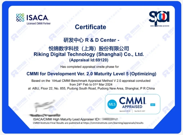 悅錦數(shù)字科技（上海）股份有限公司榮獲CMMI5級(jí)認(rèn)證，實(shí)力邁向國(guó)際標(biāo)準(zhǔn)！